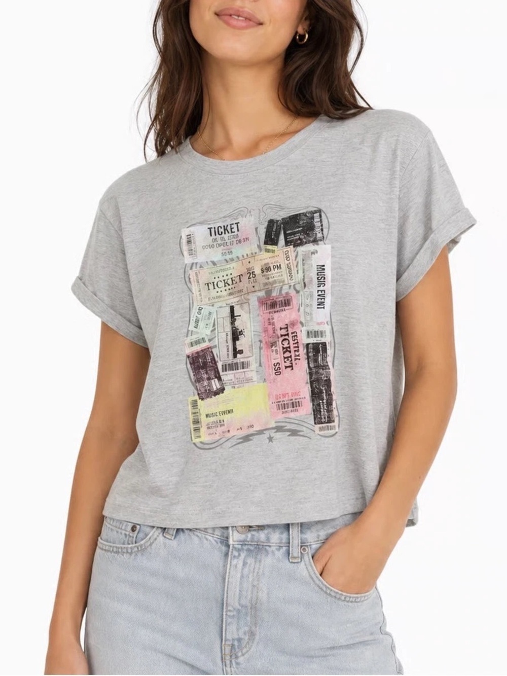 Jessica Simpson Gray Short Sleeve Tee with Vintage Ticket Graphic